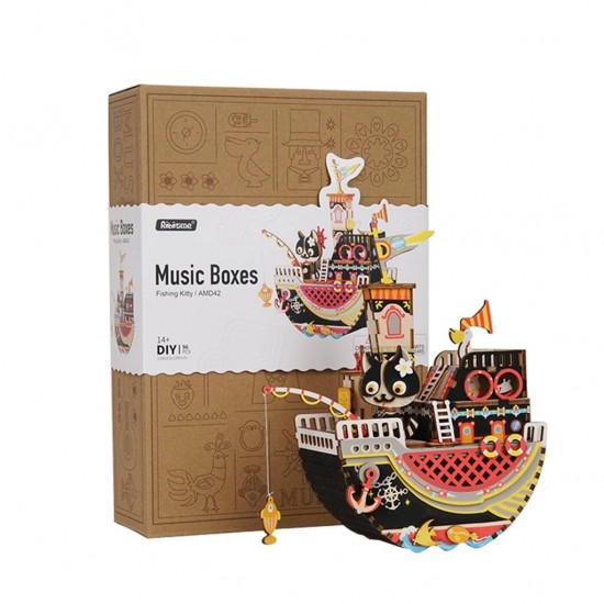 Robotime 3D Ξύλινη Κατασκευή - Μουσικό Κουτί "DIY Music Box - AMD42 - Dream Series - Fishing Kitty"