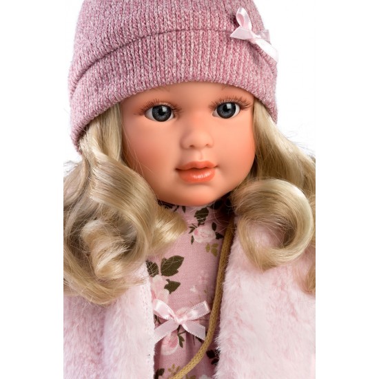 Llorens Κούκλα Μωρό - Ξανθιά με φλοράλ φόρεμα και ροζ γούνα - Anna - 40εκ.