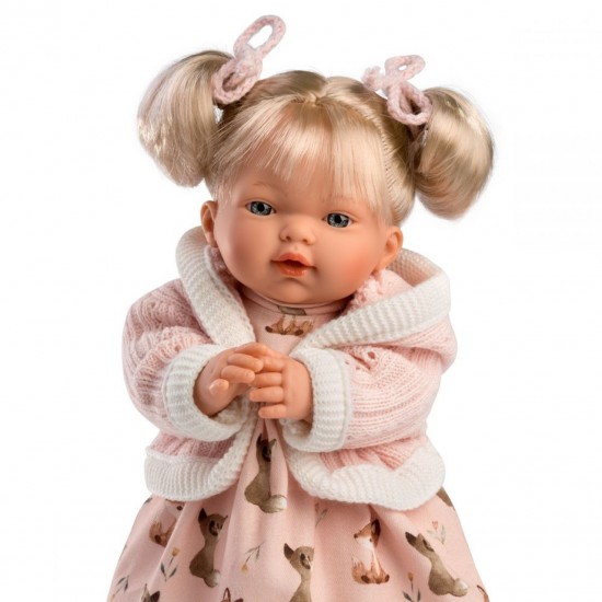 Llorens Κούκλα Μωρό - Ξανθιά με Ροζ Ζακέτα και Ροζ Φόρεμα με αλεπουδίτσες - Roberta - 33εκ.