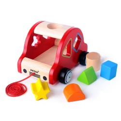 Pin Toys Ξύλινη τρεχαλίτσα ταξινόμησης - Αυτοκινητάκι' με τουβλάκια σχήματα χρώματα, από μασίφ καουτσουκόδεντρο